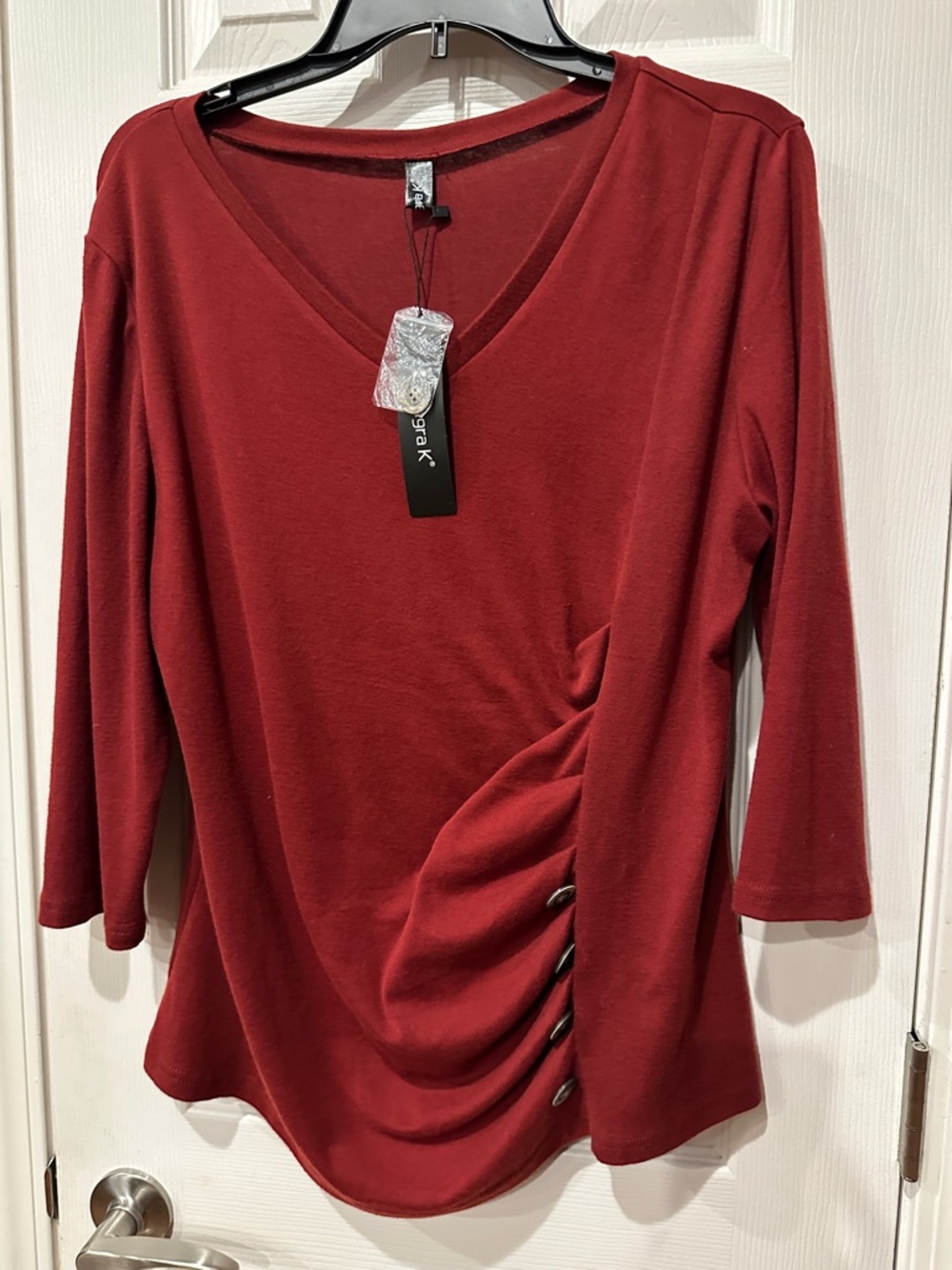 Allegra K  Women's Burgundy V-Neck 3/4 Sleeve Ruched Side Top